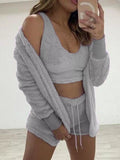 Plus Size Fuzzy Tank, Cardigan & Shorts Three-Piece Set Silver Gray / S