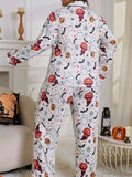 Plus Size Halloween Ghost and Pumpkin Print Top and Pants Lounge Set
