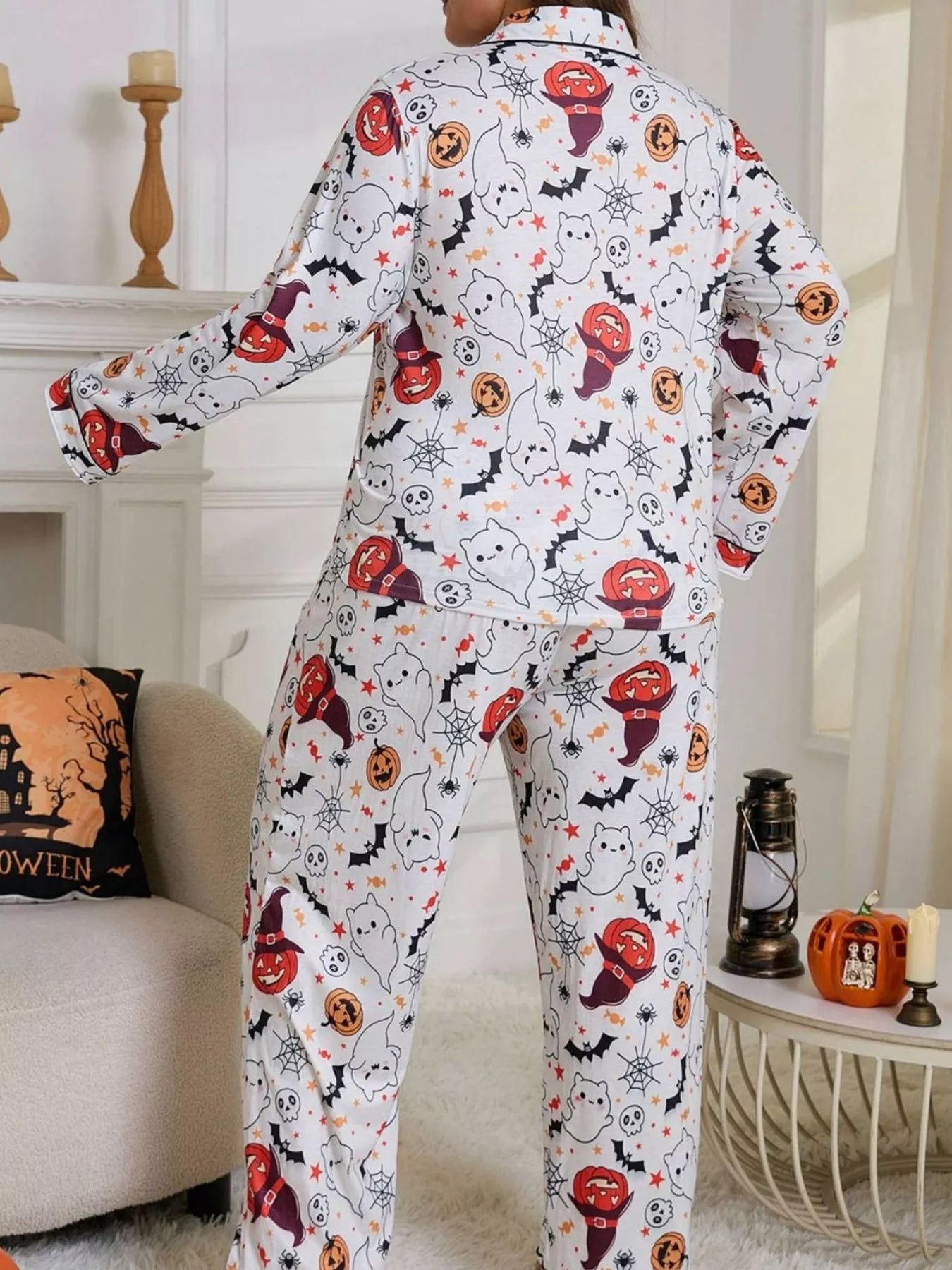 Plus Size Halloween Ghost and Pumpkin Print Top and Pants Lounge Set