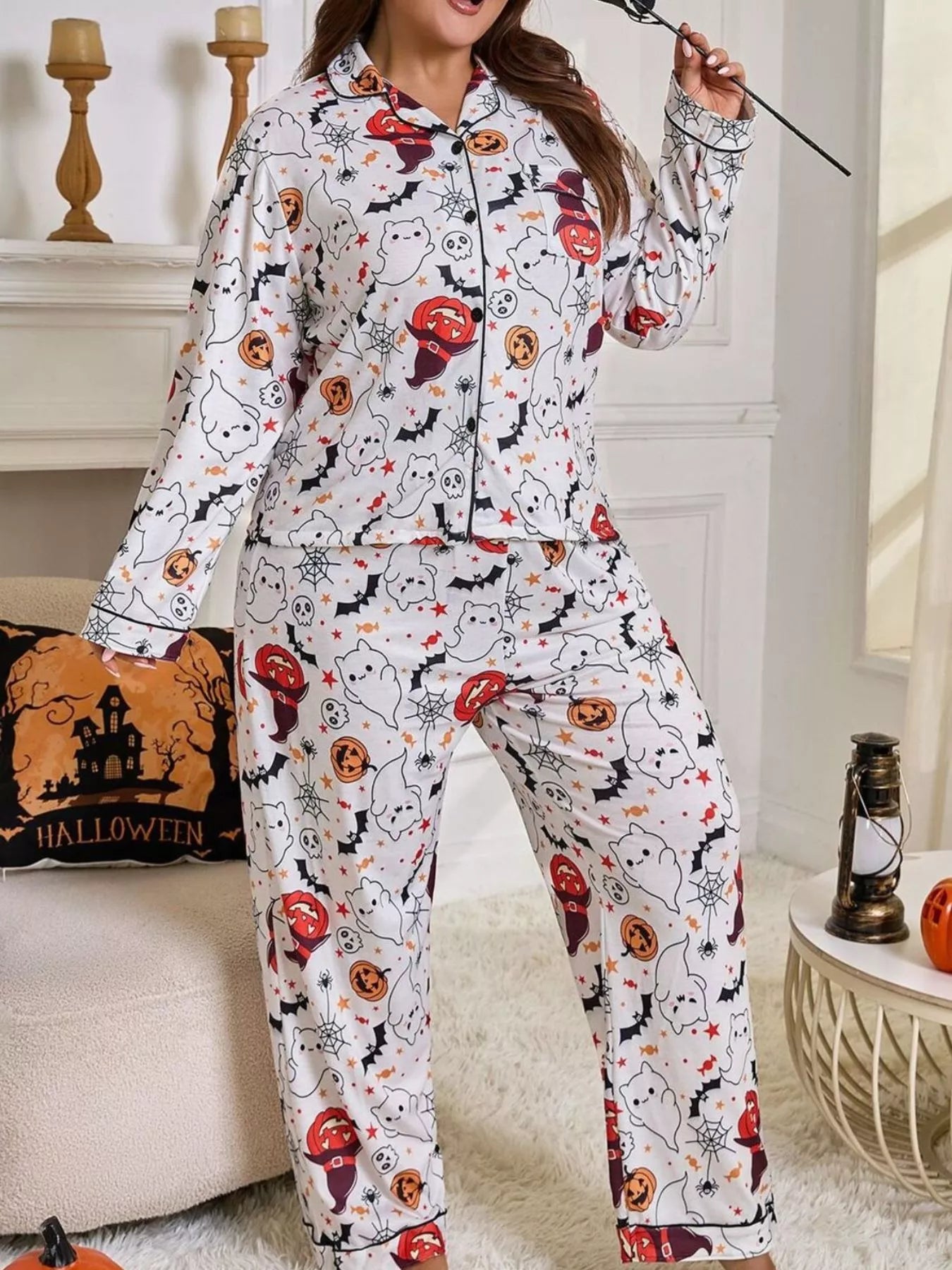 Plus Size Halloween Ghost and Pumpkin Print Top and Pants Lounge Set White / XL