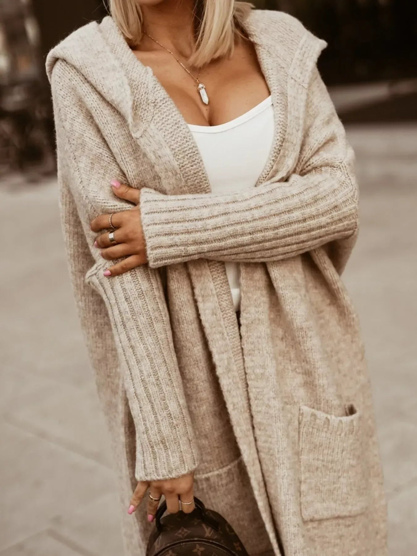 Plus Size Hooded Knit Open Front Cardigan Khaki / S