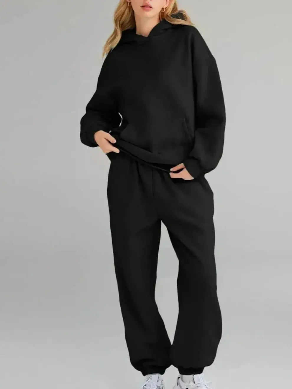 Plus Size Kangaroo Pocket Hoodie and Joggers Set for Women Black / XS