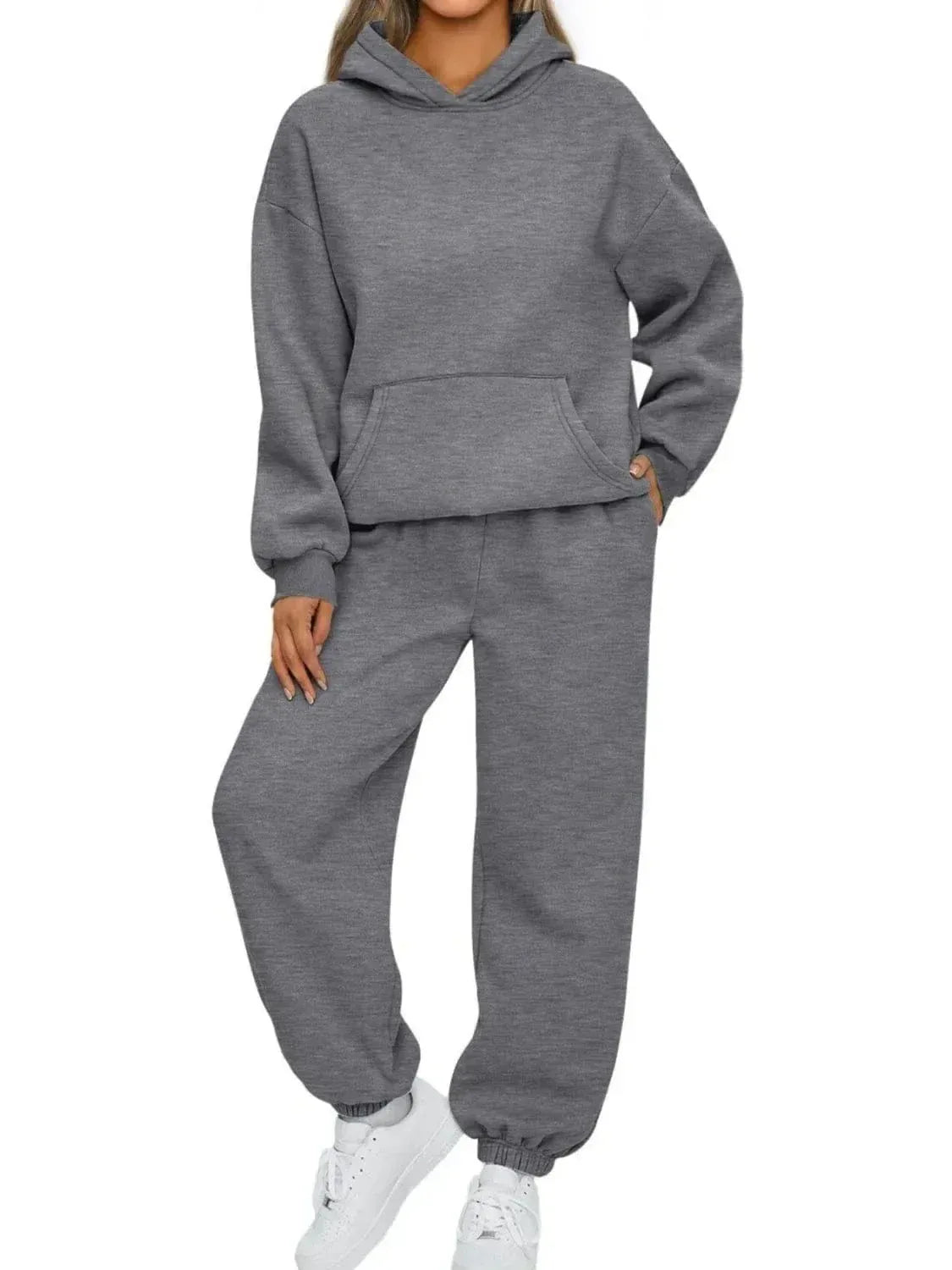 Plus Size Kangaroo Pocket Hoodie and Joggers Set for Women Dark Gray / XS