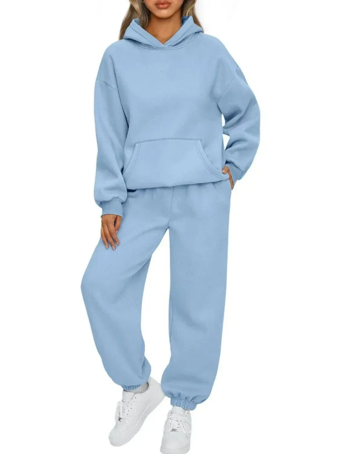 Plus Size Kangaroo Pocket Hoodie and Joggers Set for Women Light Blue / XS