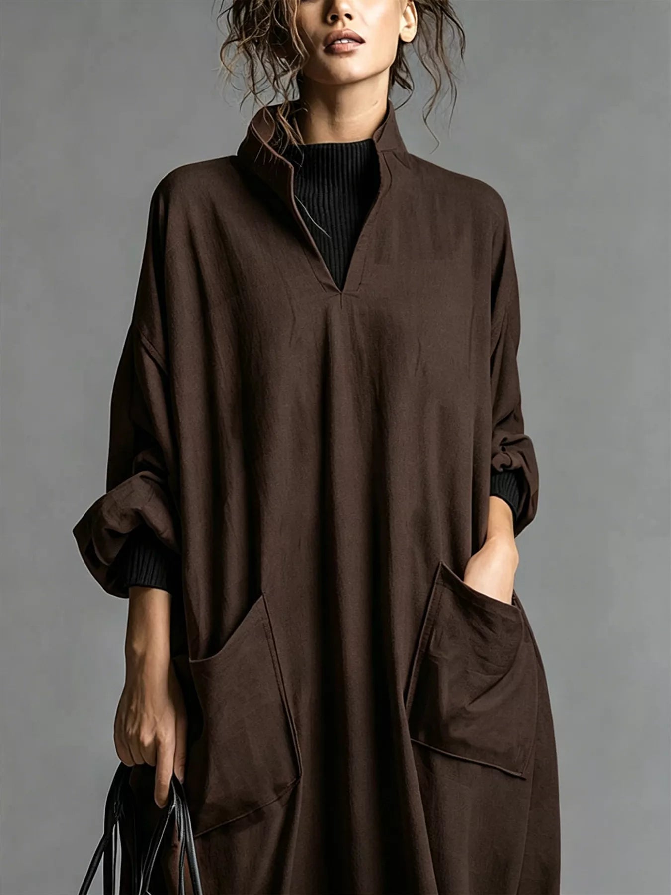 Plus Size Loose-Fit Mock-Neck Midi Dress with Pockets - product view 2