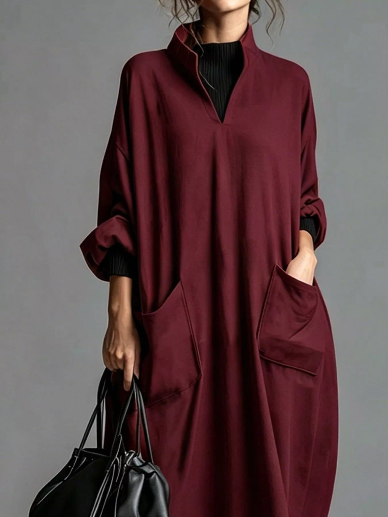 Plus Size Loose-Fit Mock-Neck Midi Dress with Pockets - product view 24