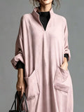 Plus Size Loose-Fit Mock-Neck Midi Dress with Pockets - product view 30