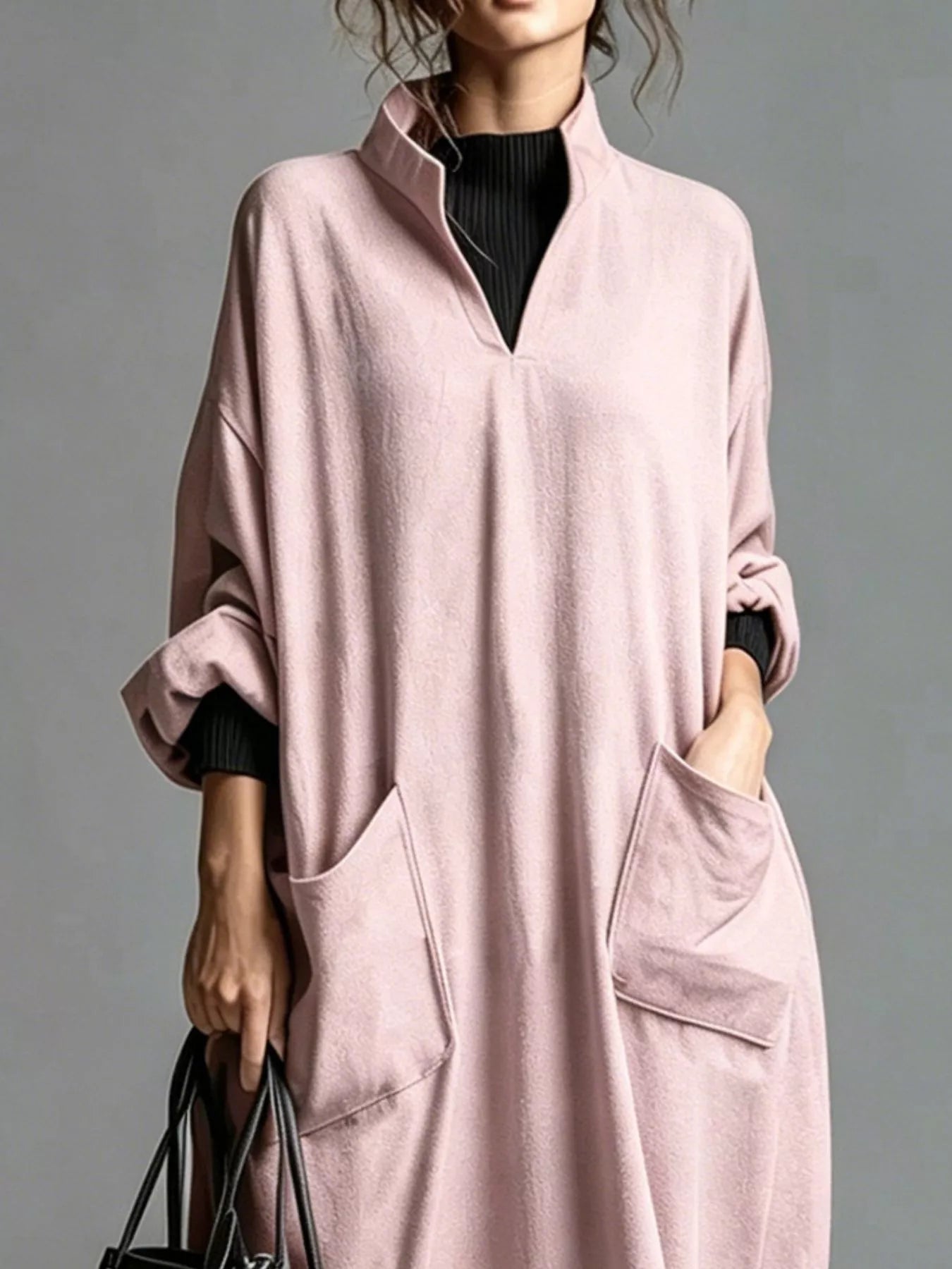 Plus Size Loose-Fit Mock-Neck Midi Dress with Pockets - product view 30