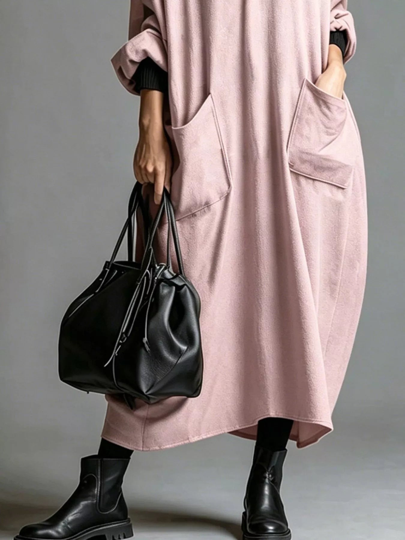 Plus Size Loose-Fit Mock-Neck Midi Dress with Pockets - product view 31