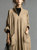 Plus Size Loose-Fit Mock-Neck Midi Dress with Pockets - product view 14