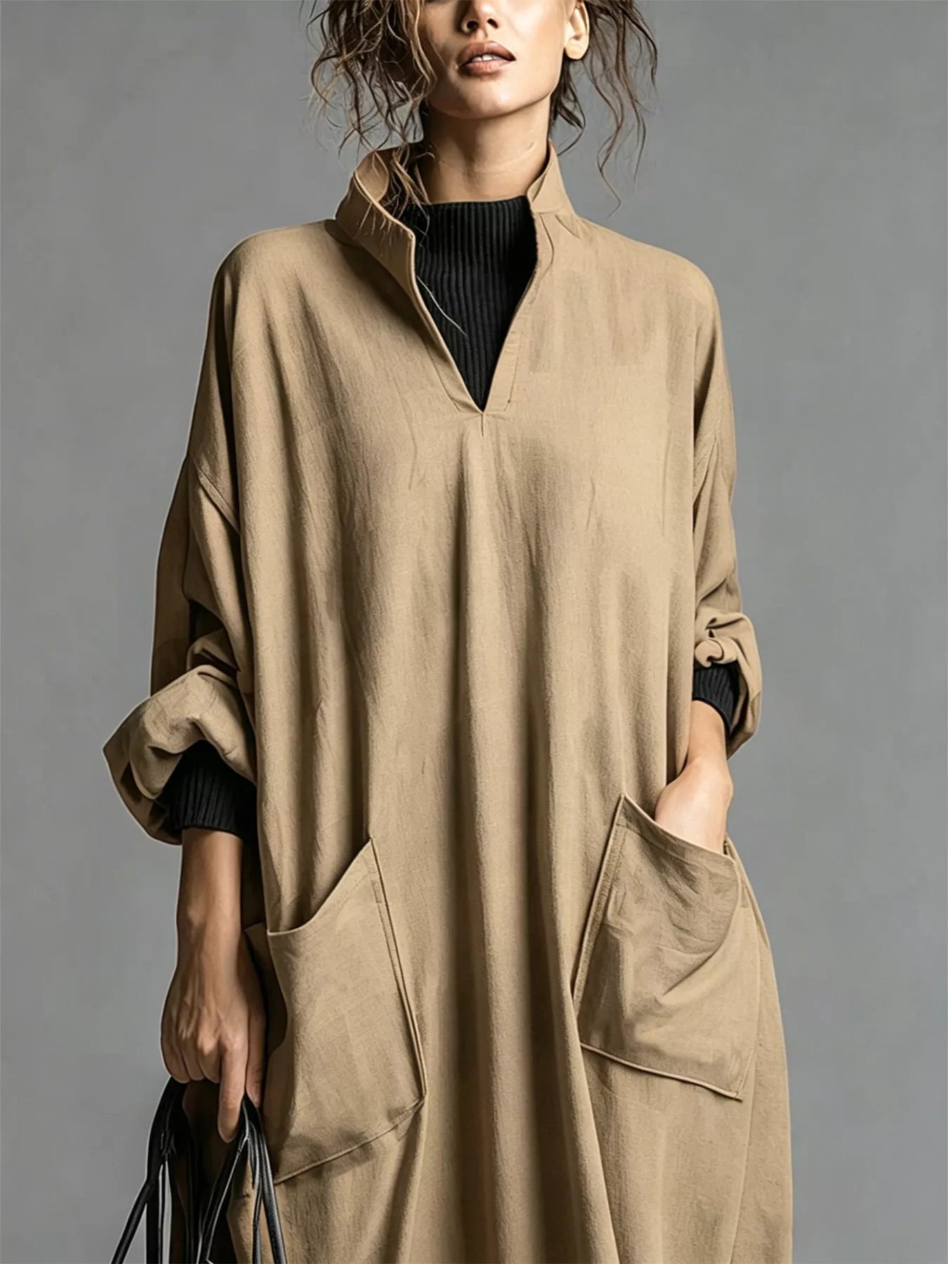 Plus Size Loose-Fit Mock-Neck Midi Dress with Pockets - product view 14