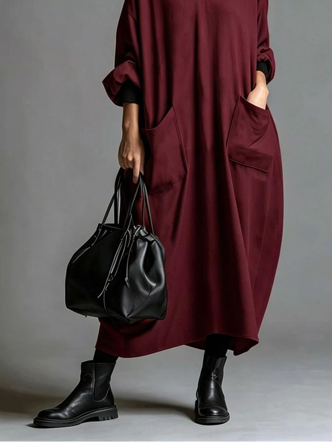 Plus Size Loose-Fit Mock-Neck Midi Dress with Pockets - product view 25
