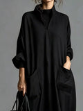 Plus Size Loose-Fit Mock-Neck Midi Dress with Pockets - product view 21