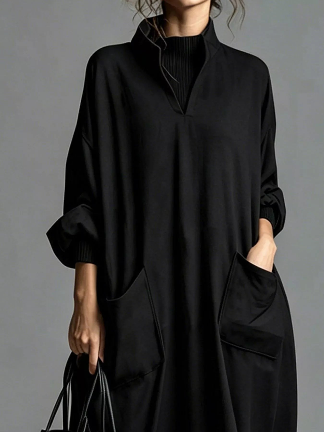 Plus Size Loose-Fit Mock-Neck Midi Dress with Pockets - product view 21