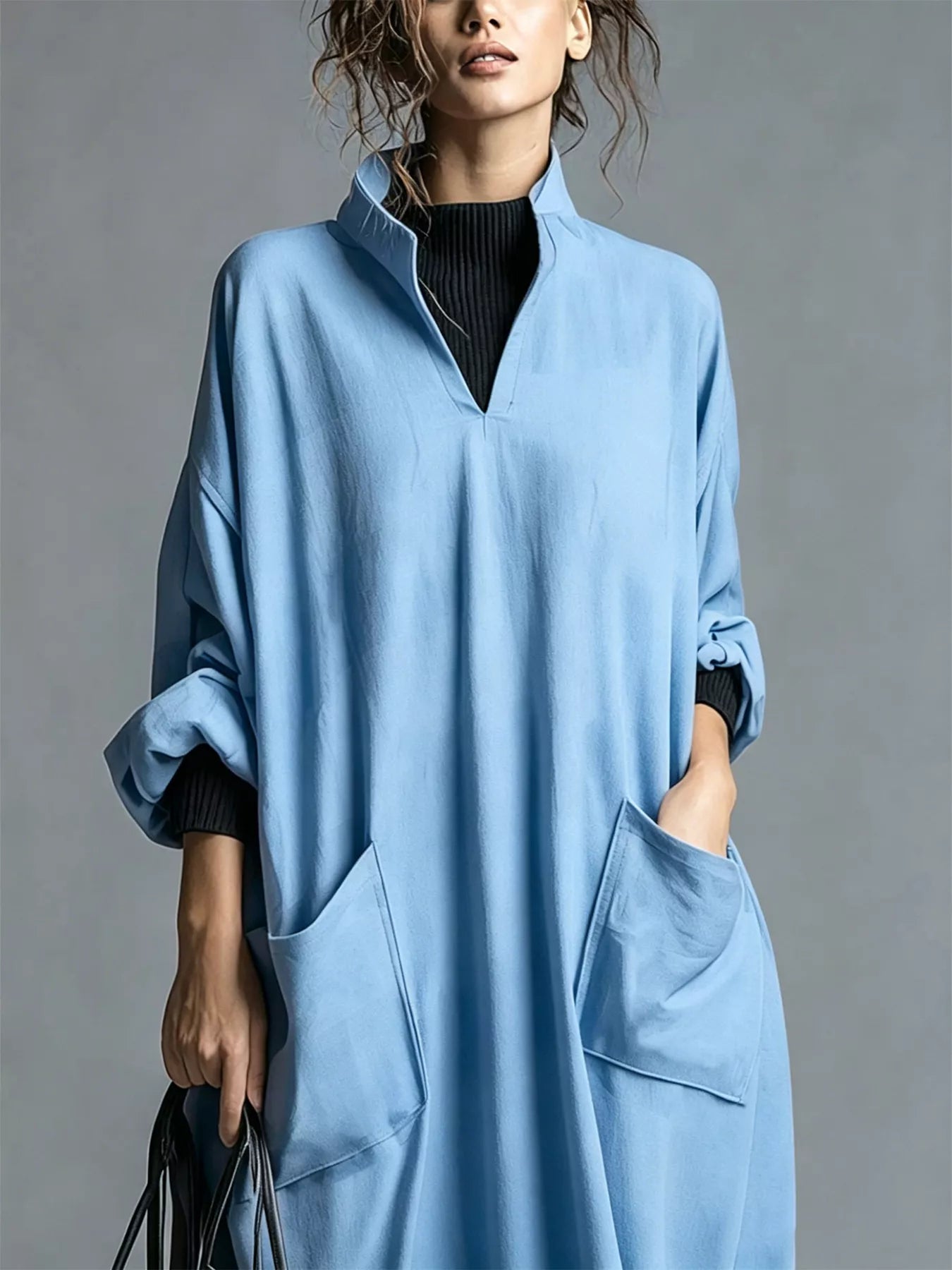 Plus Size Loose-Fit Mock-Neck Midi Dress with Pockets - product view 17