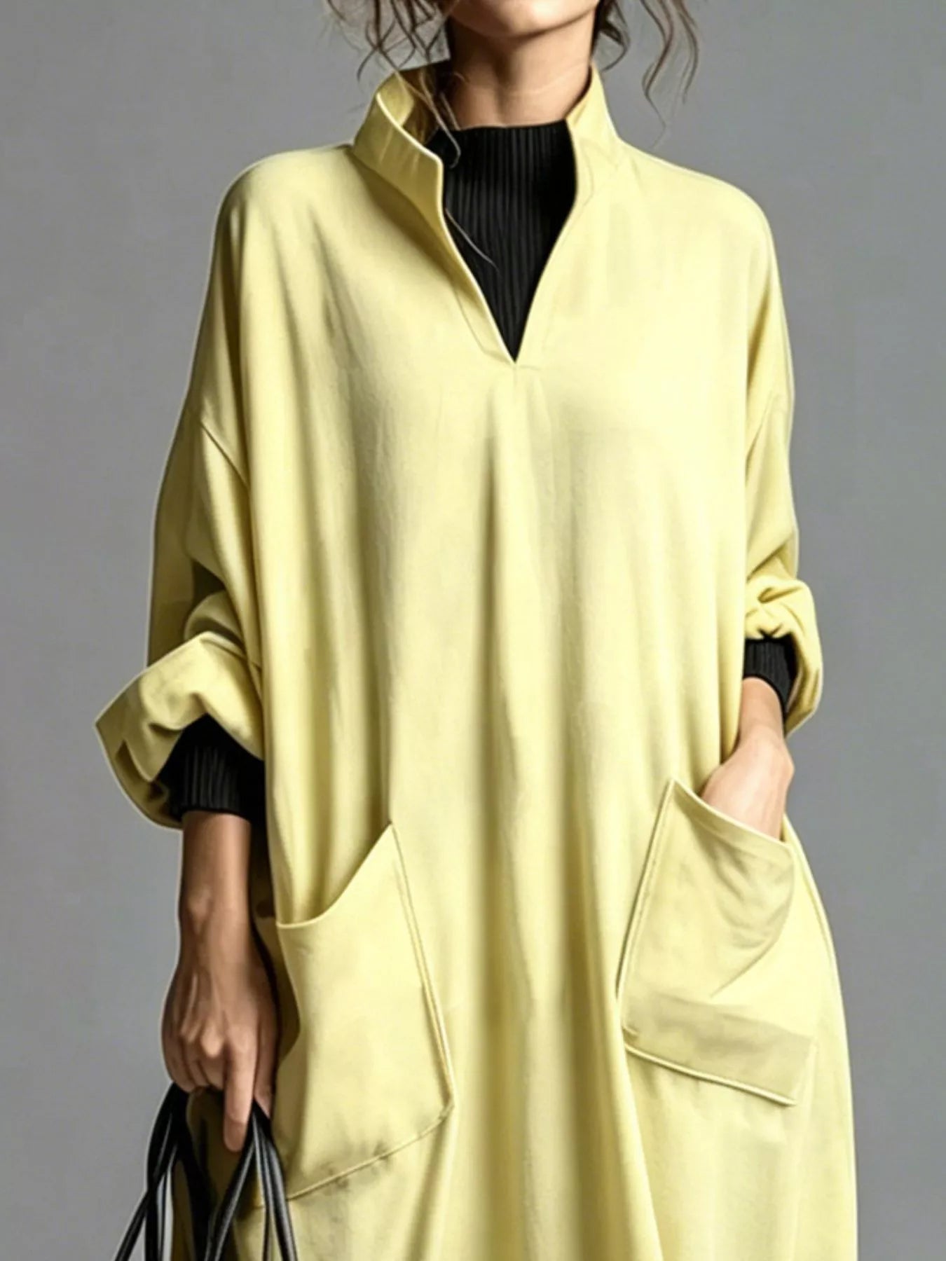 Plus Size Loose-Fit Mock-Neck Midi Dress with Pockets - product view 27