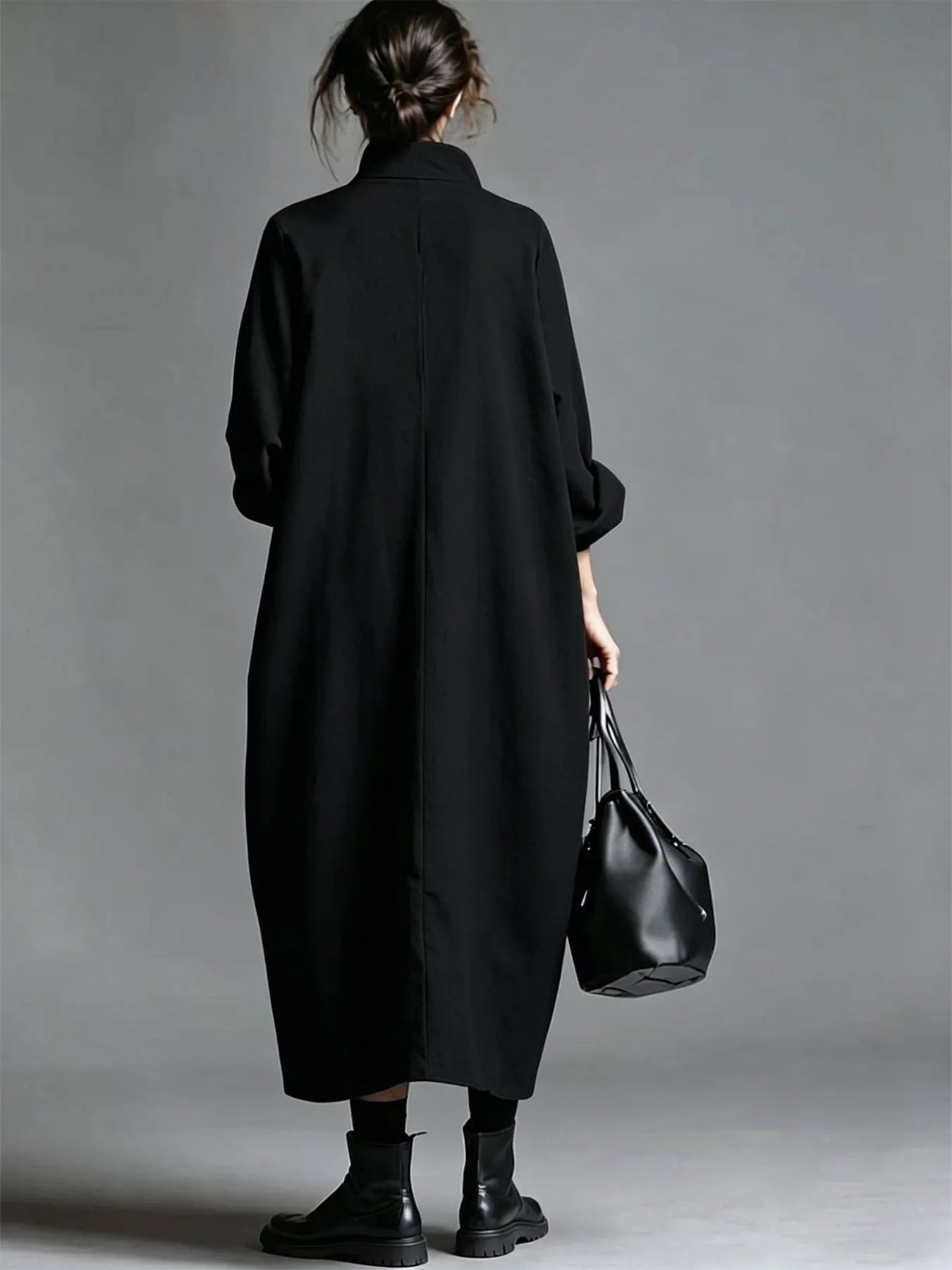 Plus Size Loose-Fit Mock-Neck Midi Dress with Pockets - product view 22