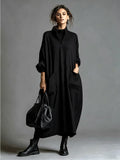 Plus Size Loose-Fit Mock-Neck Midi Dress with Pockets - product view 20