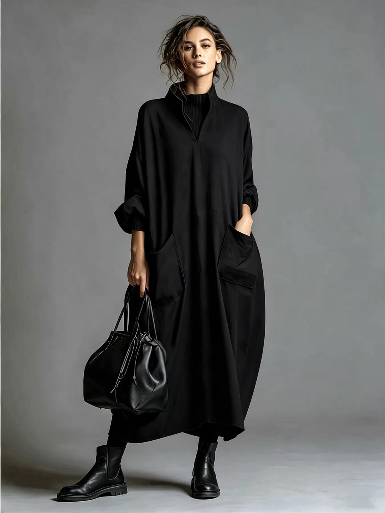 Plus Size Loose-Fit Mock-Neck Midi Dress with Pockets - product view 20
