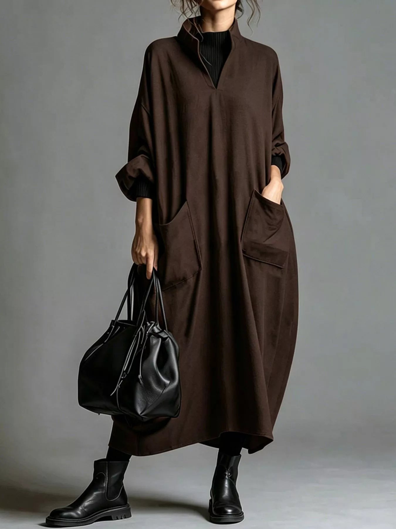 Plus Size Loose-Fit Mock-Neck Midi Dress with Pockets - product view 1