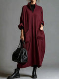 Plus Size Loose-Fit Mock-Neck Midi Dress with Pockets - product view 23
