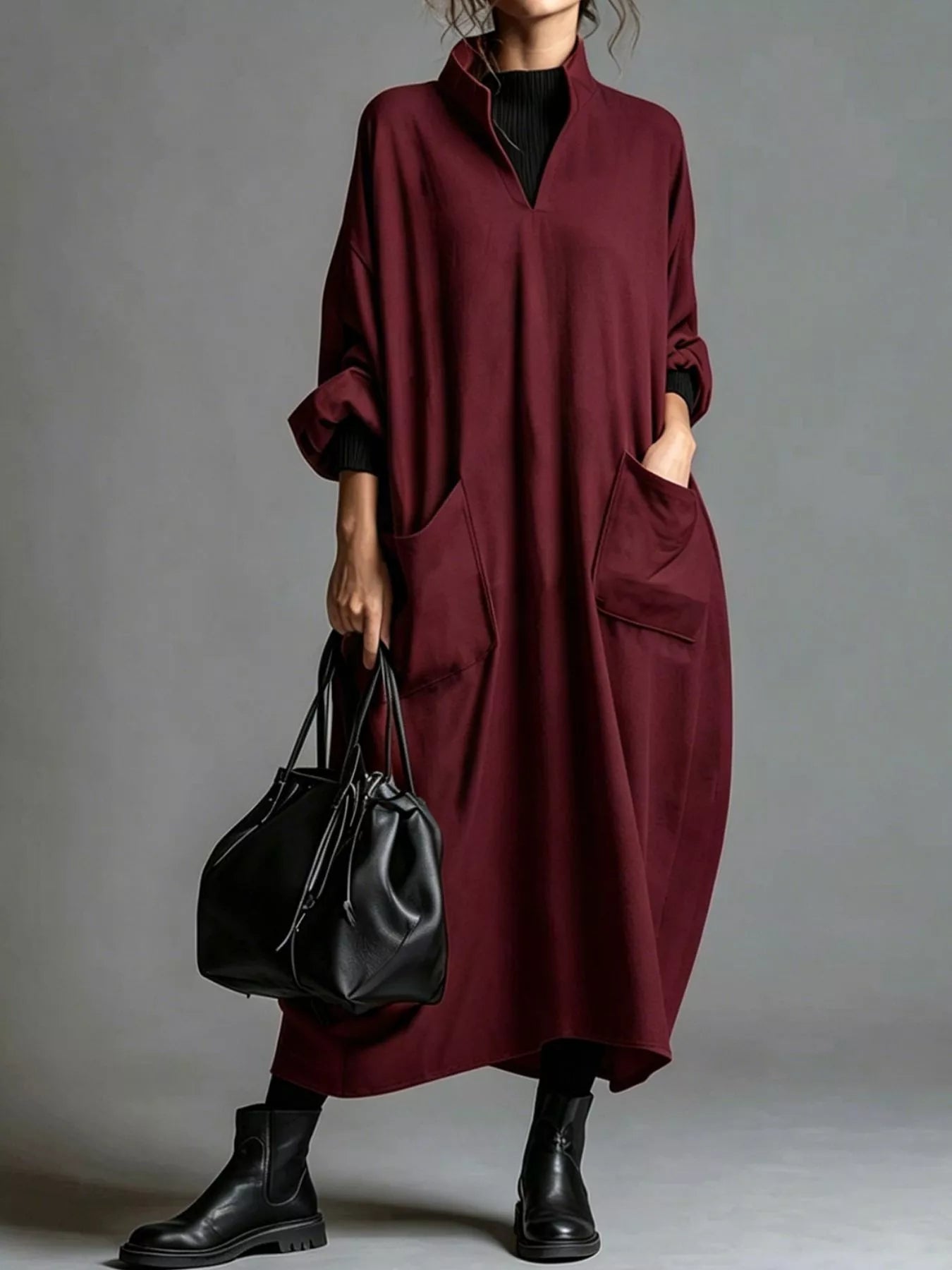 Plus Size Loose-Fit Mock-Neck Midi Dress with Pockets - product view 23