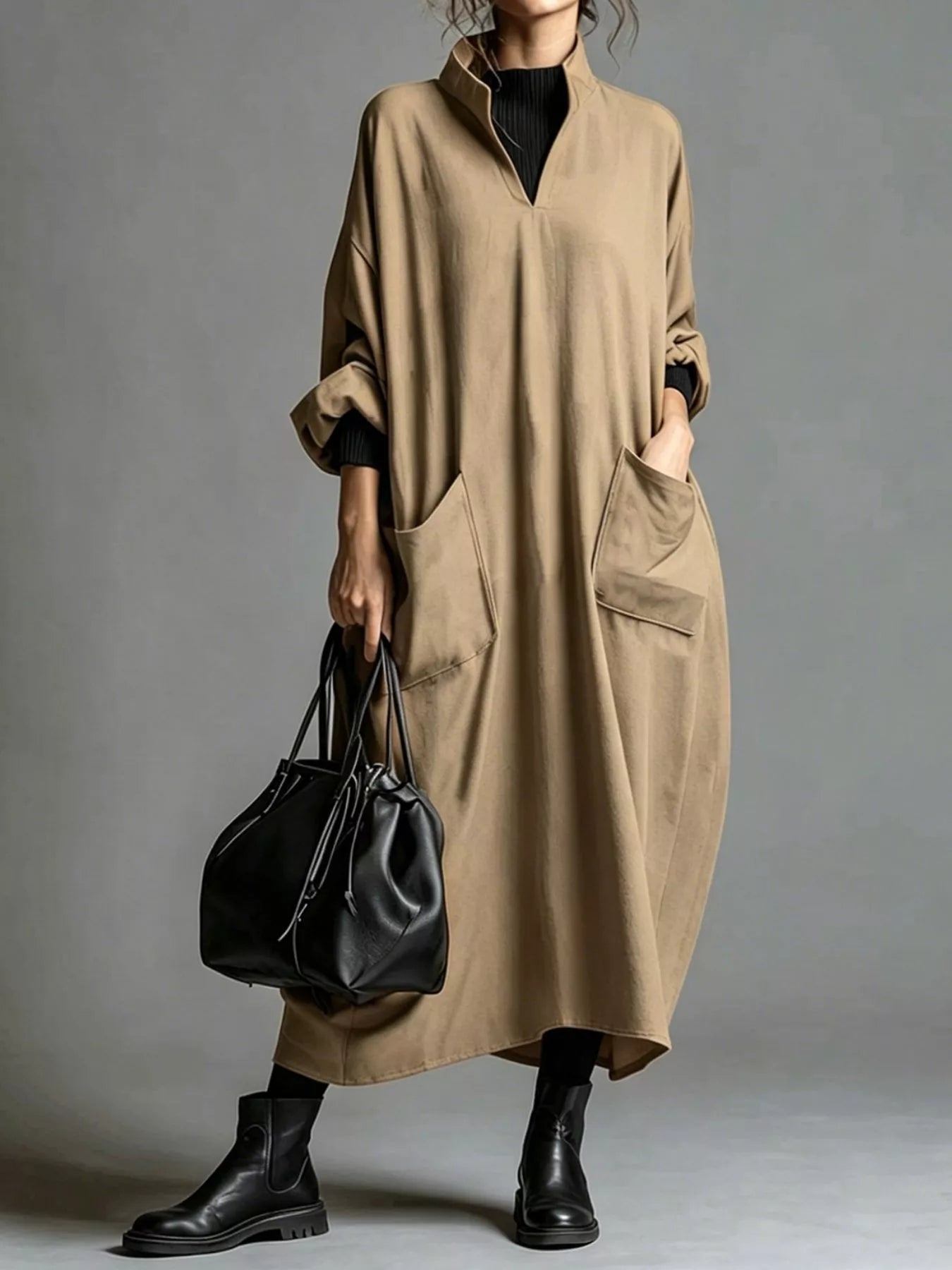 Plus Size Loose-Fit Mock-Neck Midi Dress with Pockets - product view 13