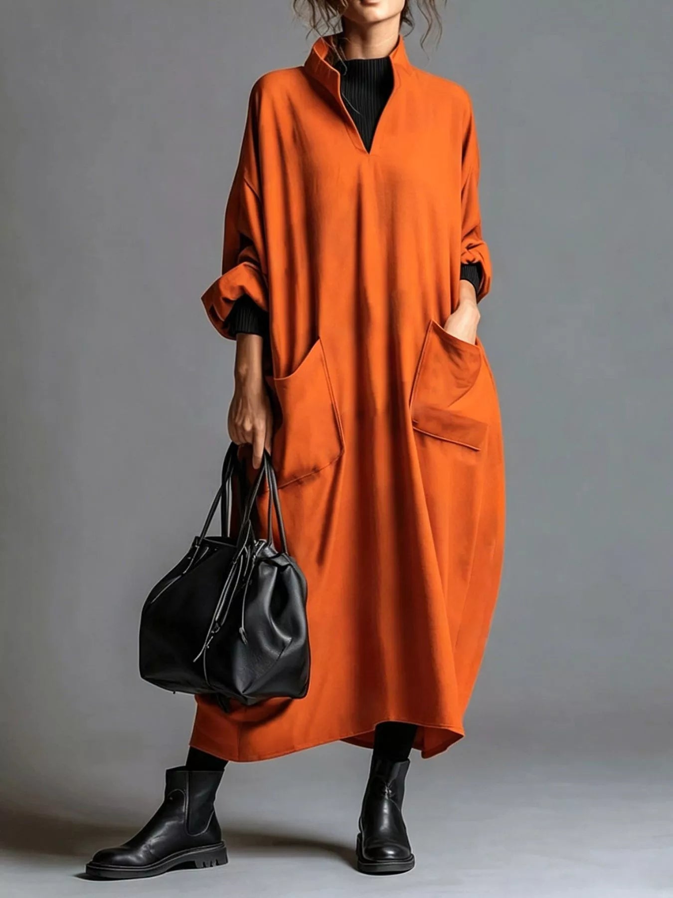 Plus Size Loose-Fit Mock-Neck Midi Dress with Pockets - product view 5
