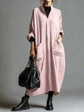 Plus Size Loose-Fit Mock-Neck Midi Dress with Pockets - product view 29