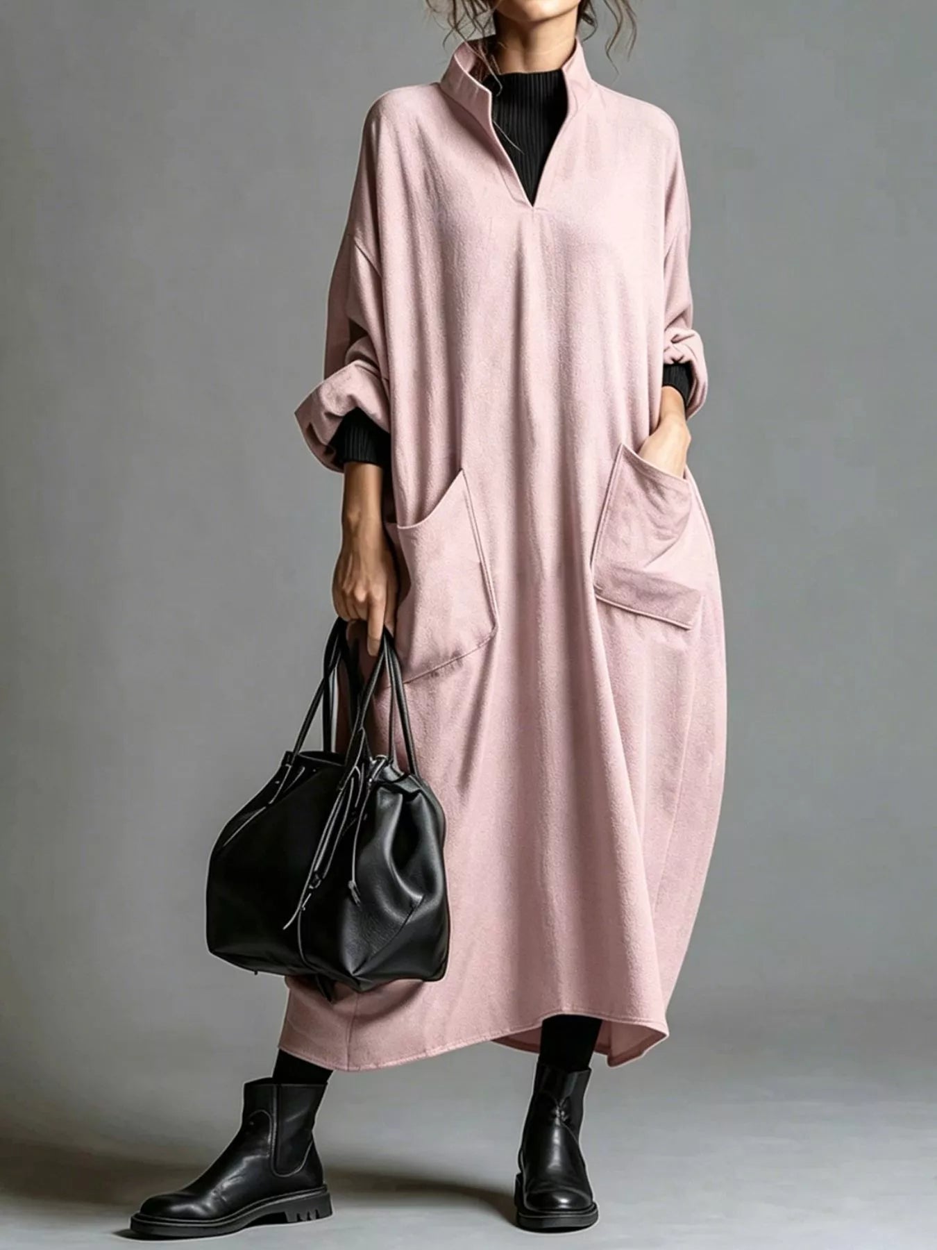 Plus Size Loose-Fit Mock-Neck Midi Dress with Pockets - product view 29