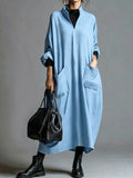 Plus Size Loose-Fit Mock-Neck Midi Dress with Pockets - product view 16