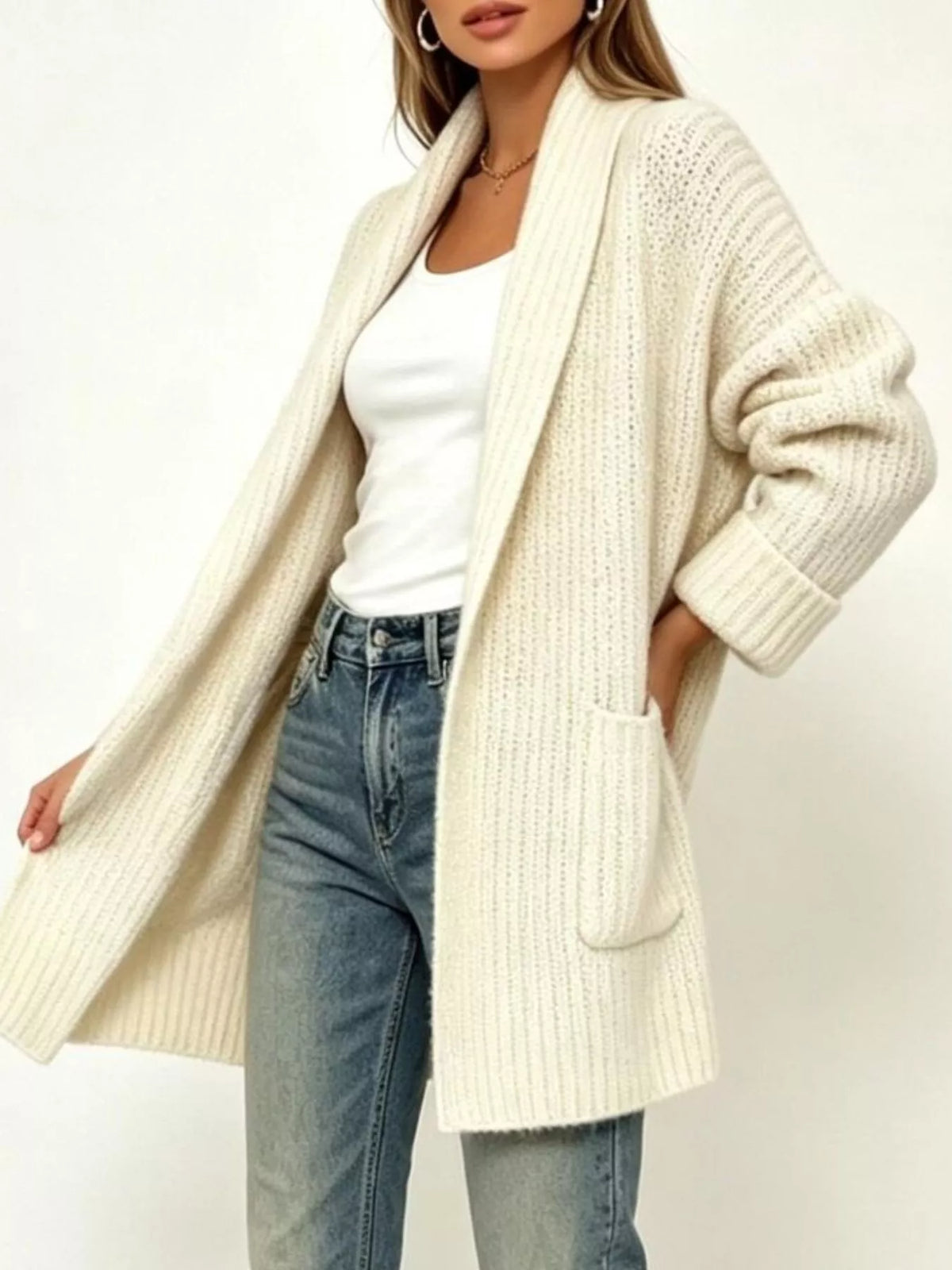 Plus Size Open-Front Pocket Cardigan Beige / S
