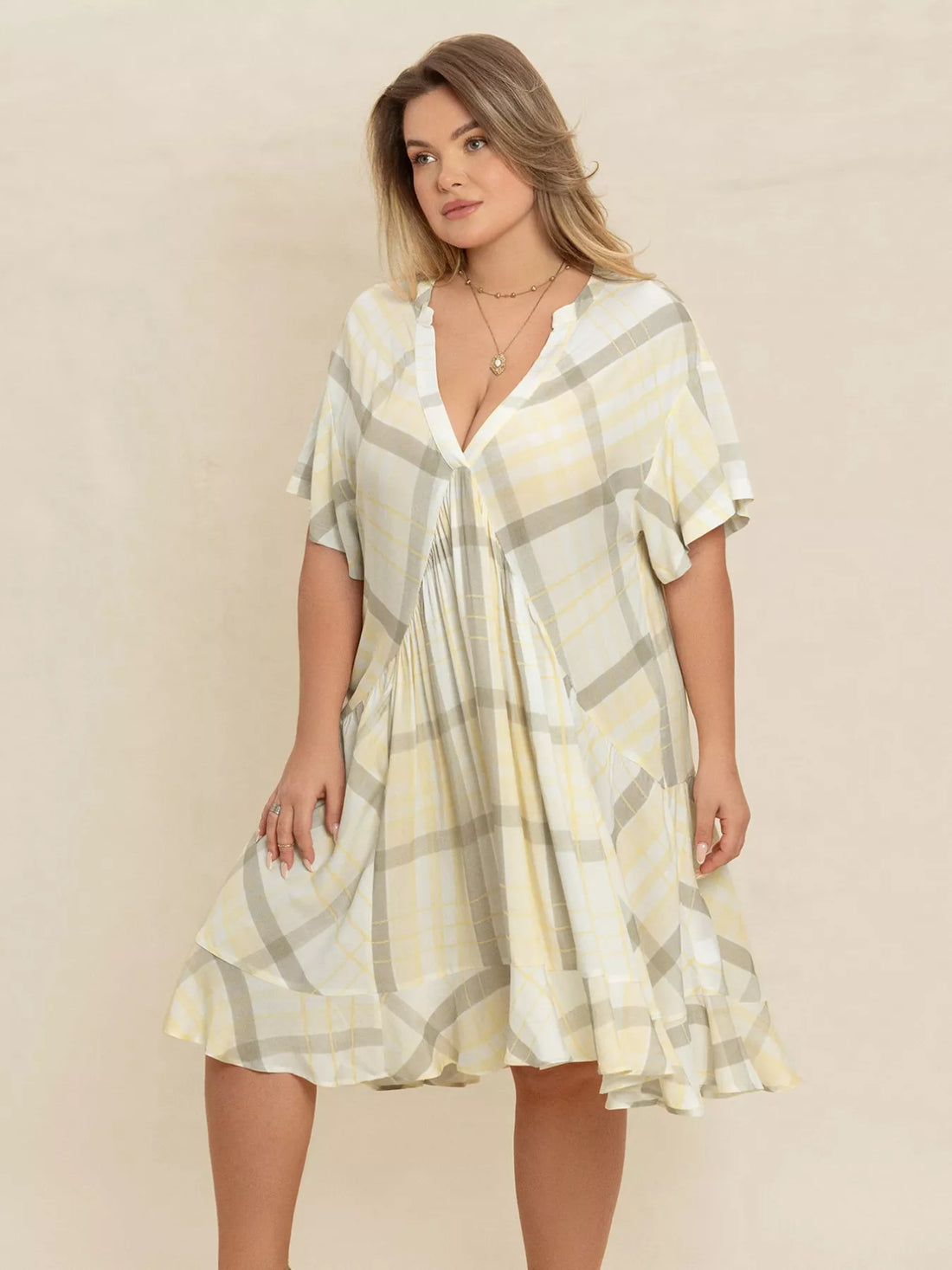 Plus Size Plaid Flutter Sleeve Dress Beige / 0XL