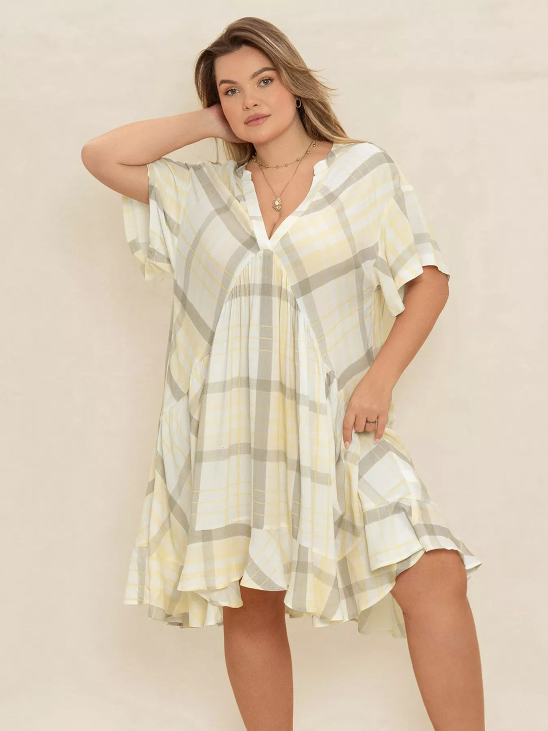 Plus Size Plaid Flutter Sleeve Dress Beige / 0XL