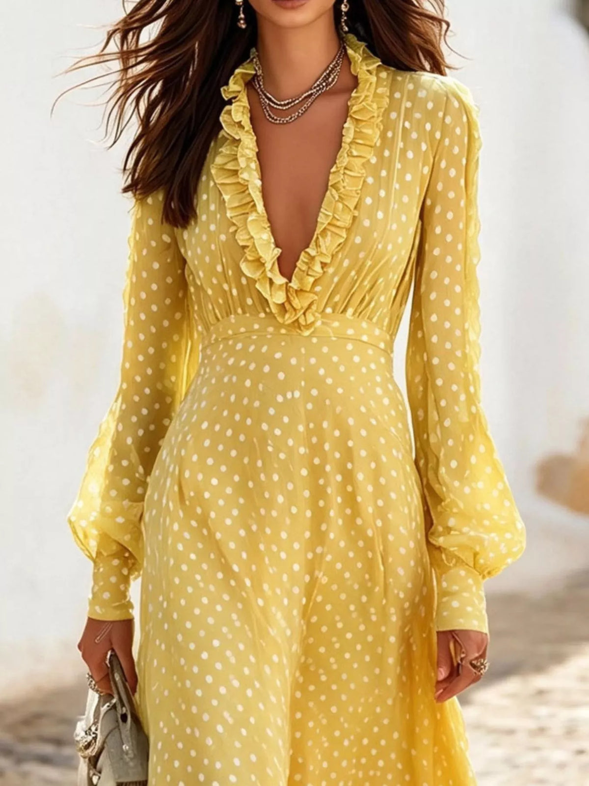Plus Size Polka Dot Ruffle V-Neck Maxi Dress