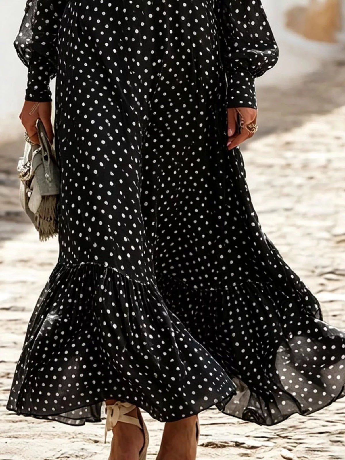 Plus Size Polka Dot Ruffle V-Neck Maxi Dress