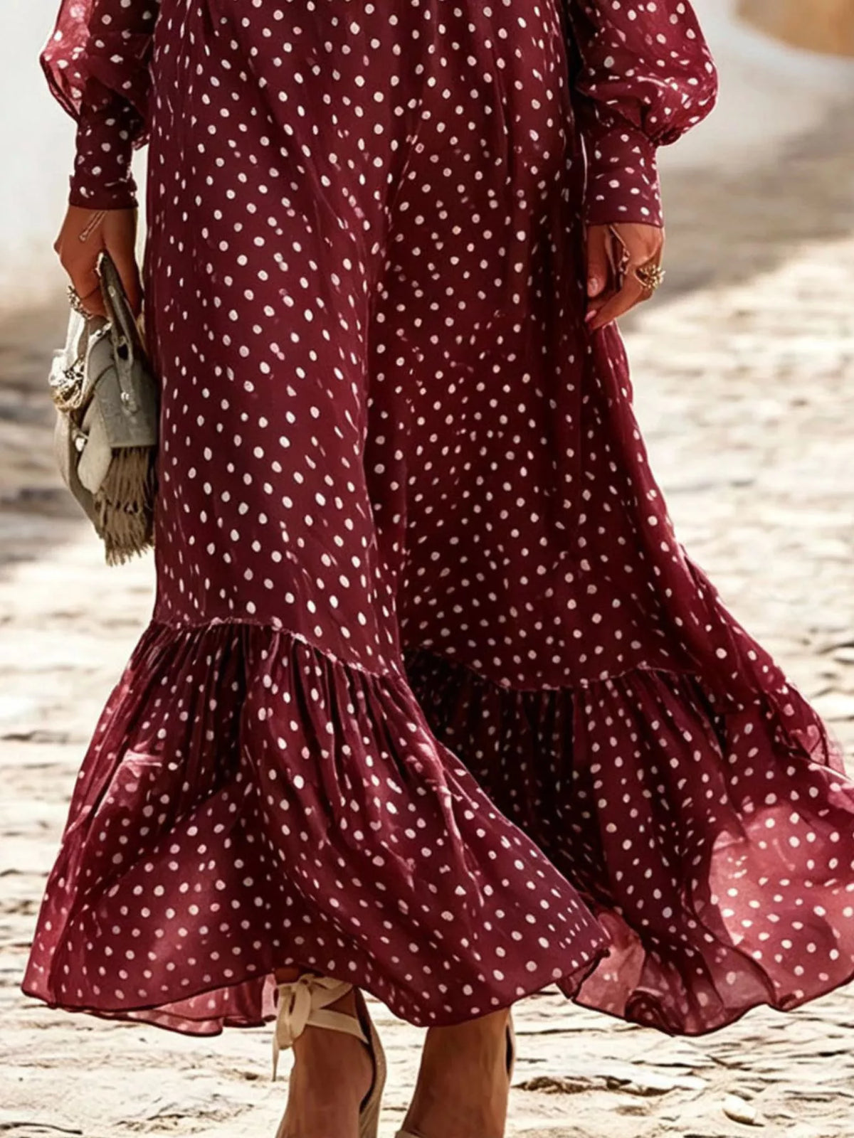 Plus Size Polka Dot Ruffle V-Neck Maxi Dress