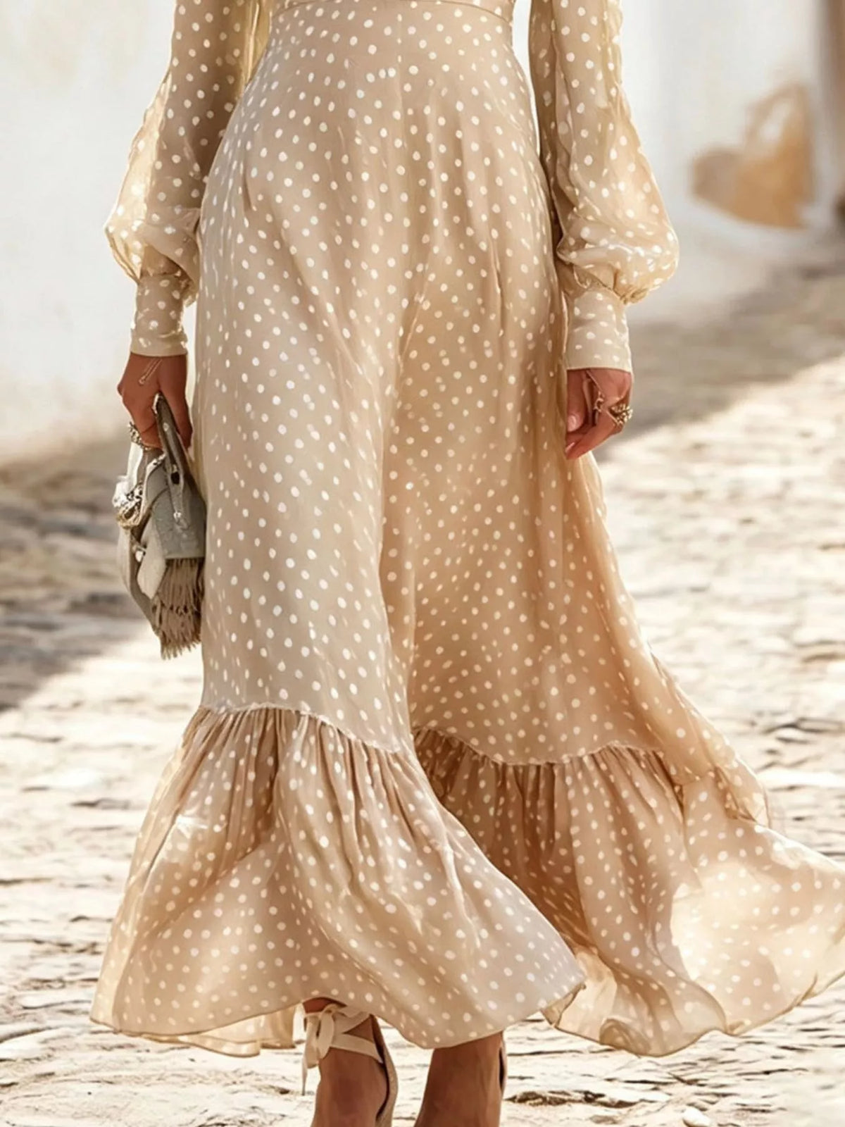 Plus Size Polka Dot Ruffle V-Neck Maxi Dress
