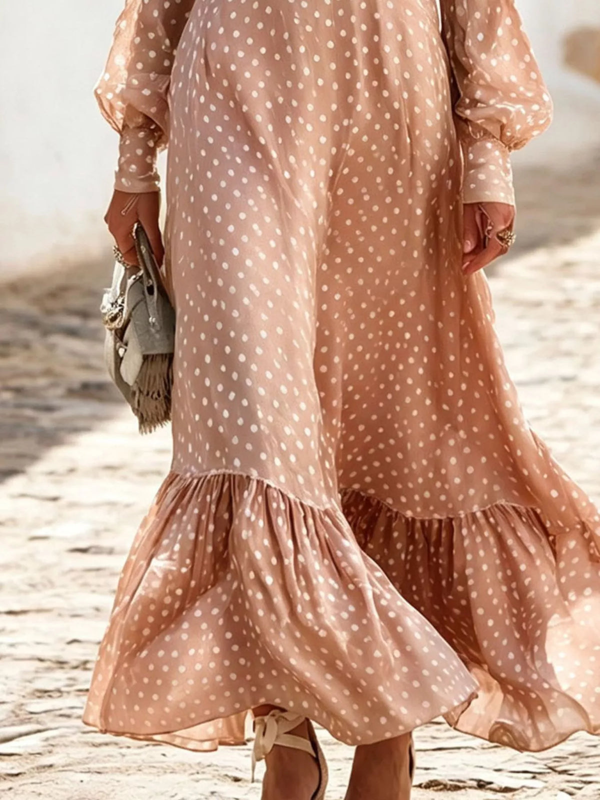 Plus Size Polka Dot Ruffle V-Neck Maxi Dress
