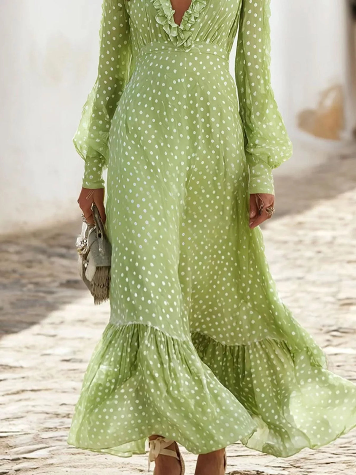 Plus Size Polka Dot Ruffle V-Neck Maxi Dress