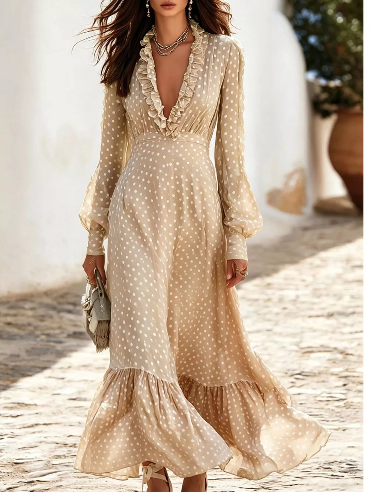Plus Size Polka Dot Ruffle V-Neck Maxi Dress