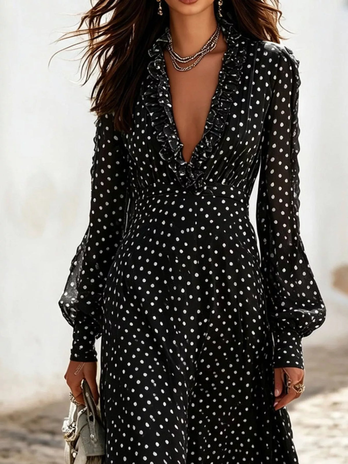Plus Size Polka Dot Ruffle V-Neck Maxi Dress