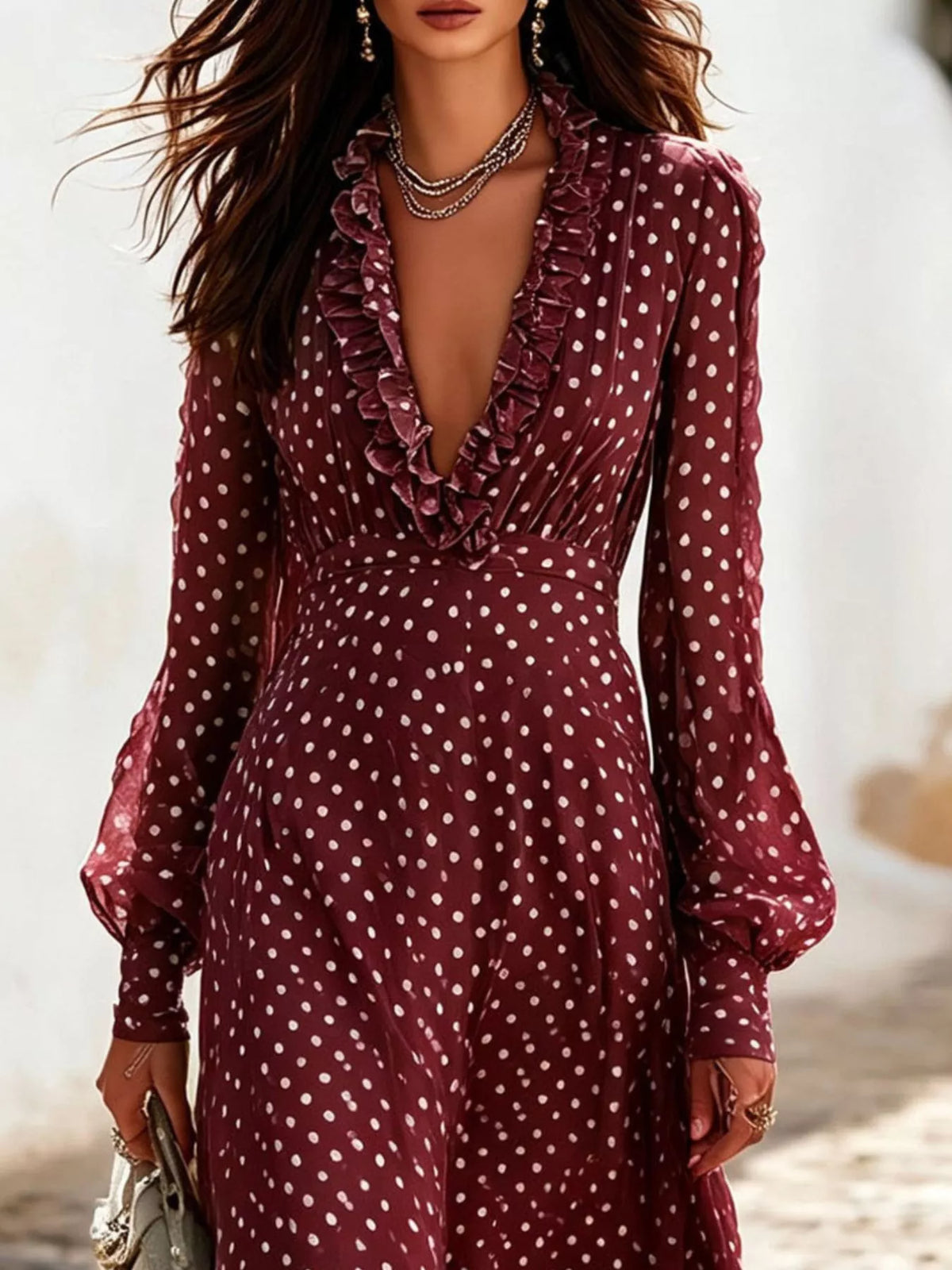 Plus Size Polka Dot Ruffle V-Neck Maxi Dress