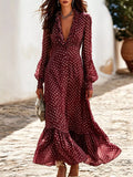 Plus Size Polka Dot Ruffle V-Neck Maxi Dress Burgundy / S