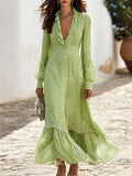 Plus Size Polka Dot Ruffle V-Neck Maxi Dress Light Green / S