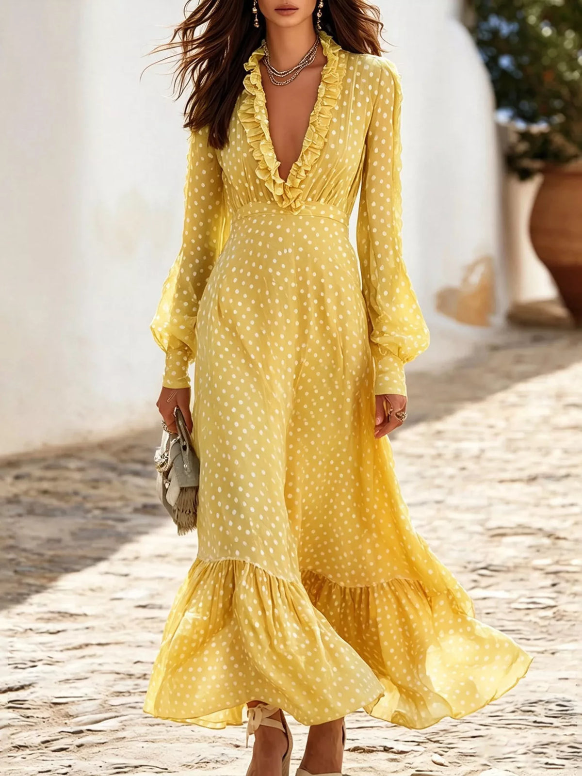 Plus Size Polka Dot Ruffle V-Neck Maxi Dress Pastel Yellow / S