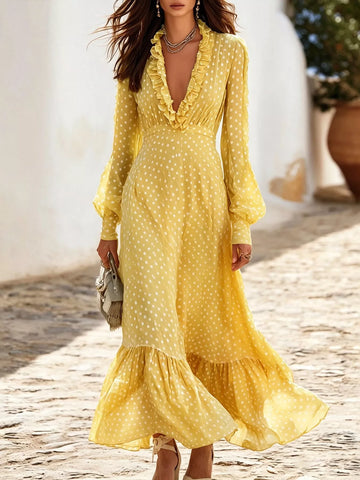 Plus Size Polka Dot Ruffle V-Neck Maxi Dress Pastel Yellow / S