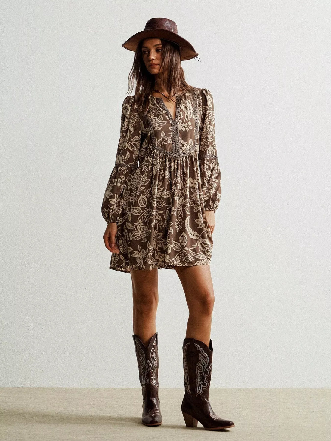 Plus Size Printed Notched Long Sleeve Dress Taupe / 0XL