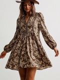 Plus Size Printed Notched Long Sleeve Dress Taupe / 0XL