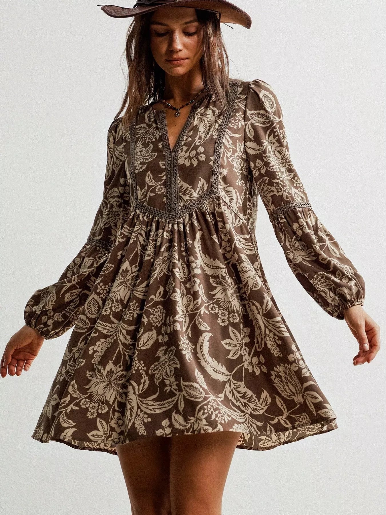 Plus Size Printed Notched Long Sleeve Dress Taupe / 0XL